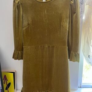 Olive Green Velvet Dress with Ruffled Sleeves